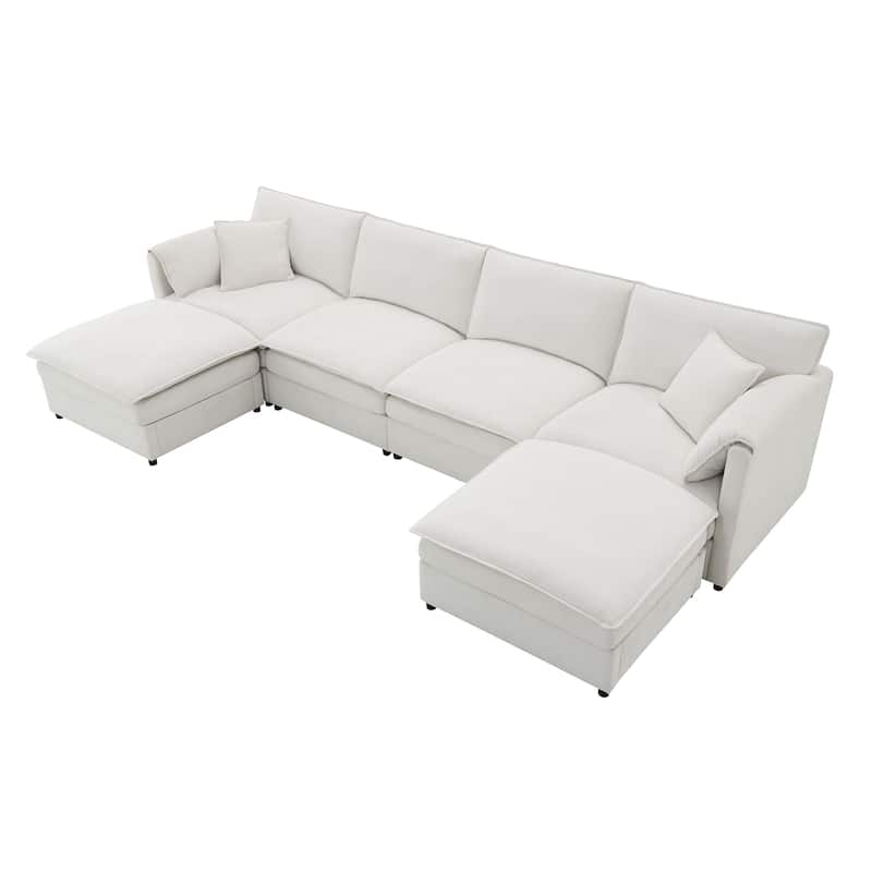134" Chenille U-Shaped 6-Seat Modular Sectional Sofa with Double Cushions and Removable Ottomans for Added Comfort
