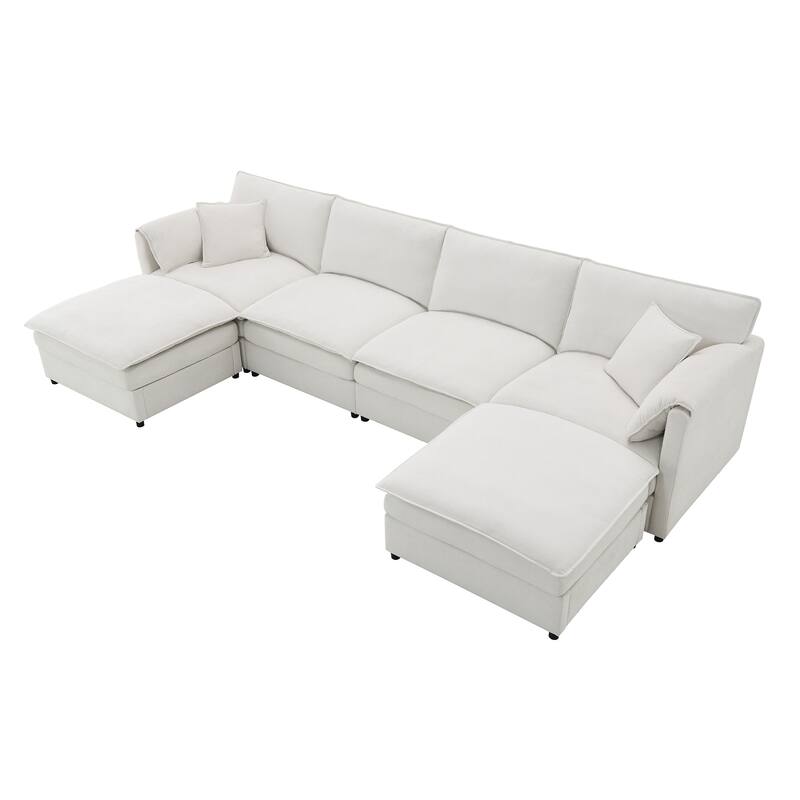 White 134" Chenille U-Shaped 6-Seat Modular Sectional Sofa with Double Cushions and Removable Ottomans for Added Comfort