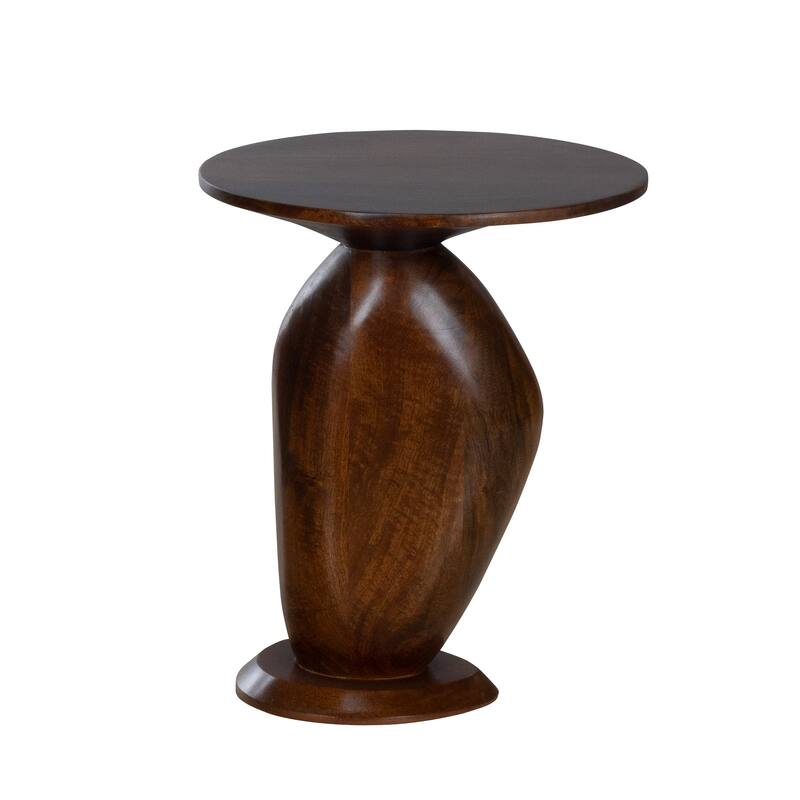 Round Mango Wood Side Table - Sculpted Pedestal Base Accent Table in Rich Stained Finish