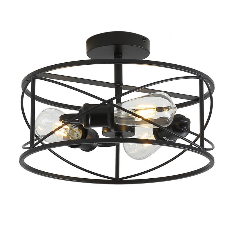 Industrial Black 3-Light Cage Shape Metal Frame Ceiling Semi Flush Mount