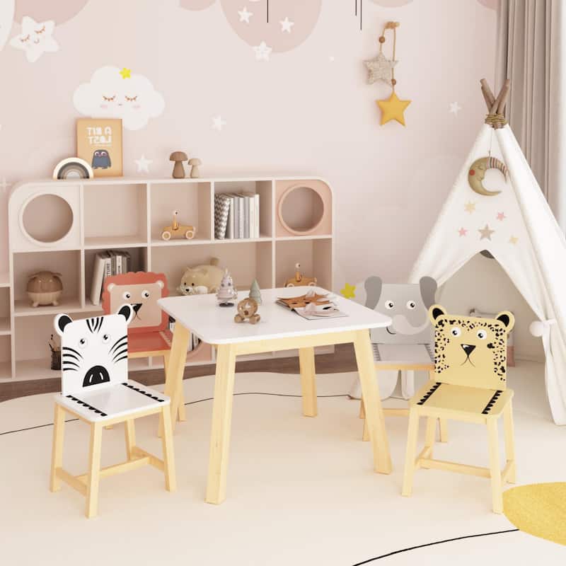 Anmytek 5-Piece Kids Table and Chair Set with Animal Themed Chairs, Solid Wood Children's Furniture for Playroom