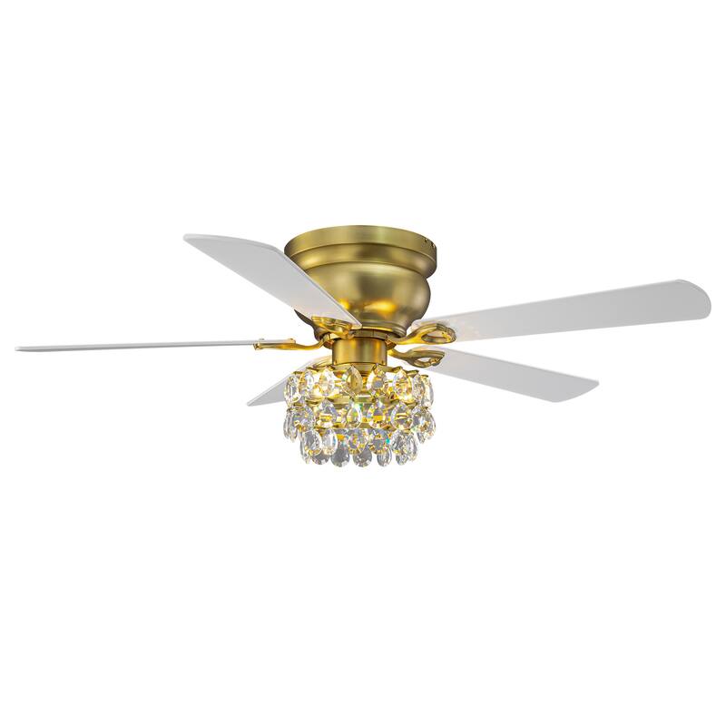 48-inch Modern Brass Crystal Low Profile Chandelier Ceiling Fan with Light and Remote Control - 48"Wx15.1"H
