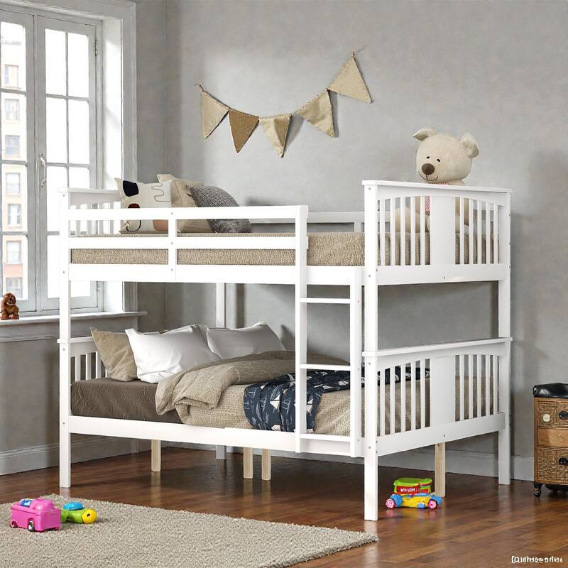 Full Over Full Bunk Bed with Ladder, Solid Wood Convertible Bunk Bed Frame for Bedroom or Guest Room - White - Full