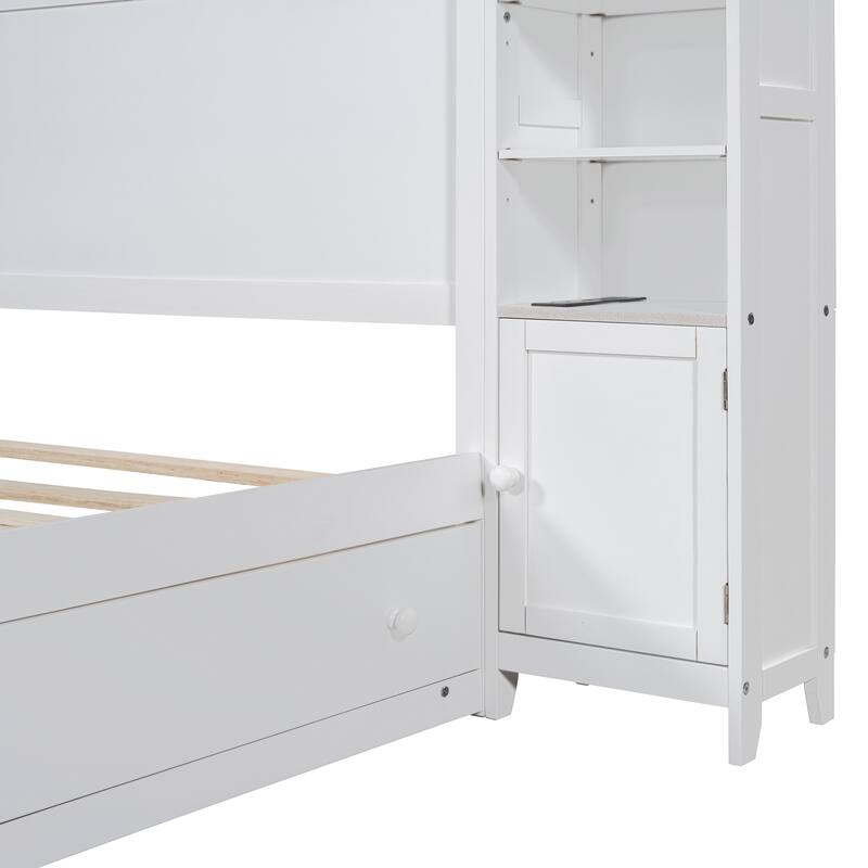 Queen Size Wooden Bed with Built-in Outlets, Storage Drawers, and Shelves, White