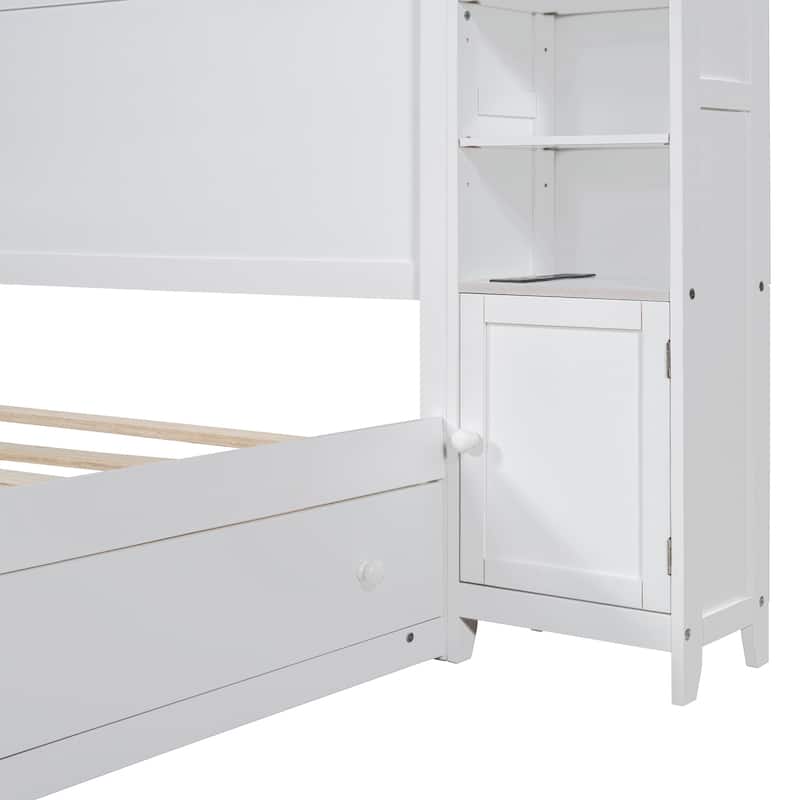 White Wooden Queen Platform Bed with Cabinet and Shelf