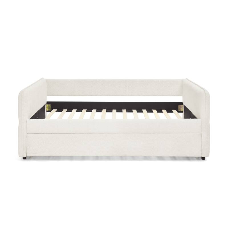 Roomfitters Twin/Full Boucle Daybed with Trundle, Upholstered Sofa Bed Frame with Vertical Stripes, Beige