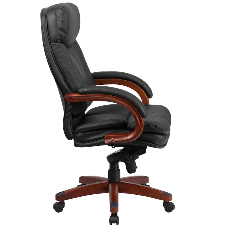 High Back LeatherSoft Chair w/Synchro-Tilt Mechanism, Mahogany Wood Base