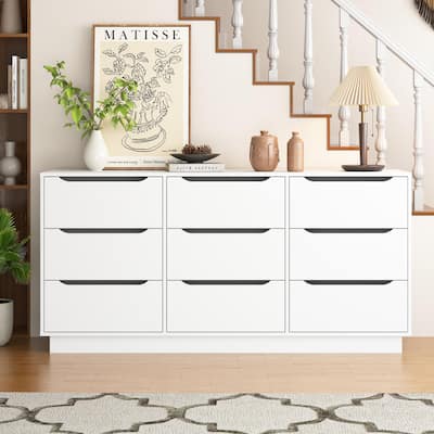 9 Drawer Dresser for Bedroom with Deep Drawers, Large Floor Wood Dressers & Chest of Drawers, Modern White Long Dressers