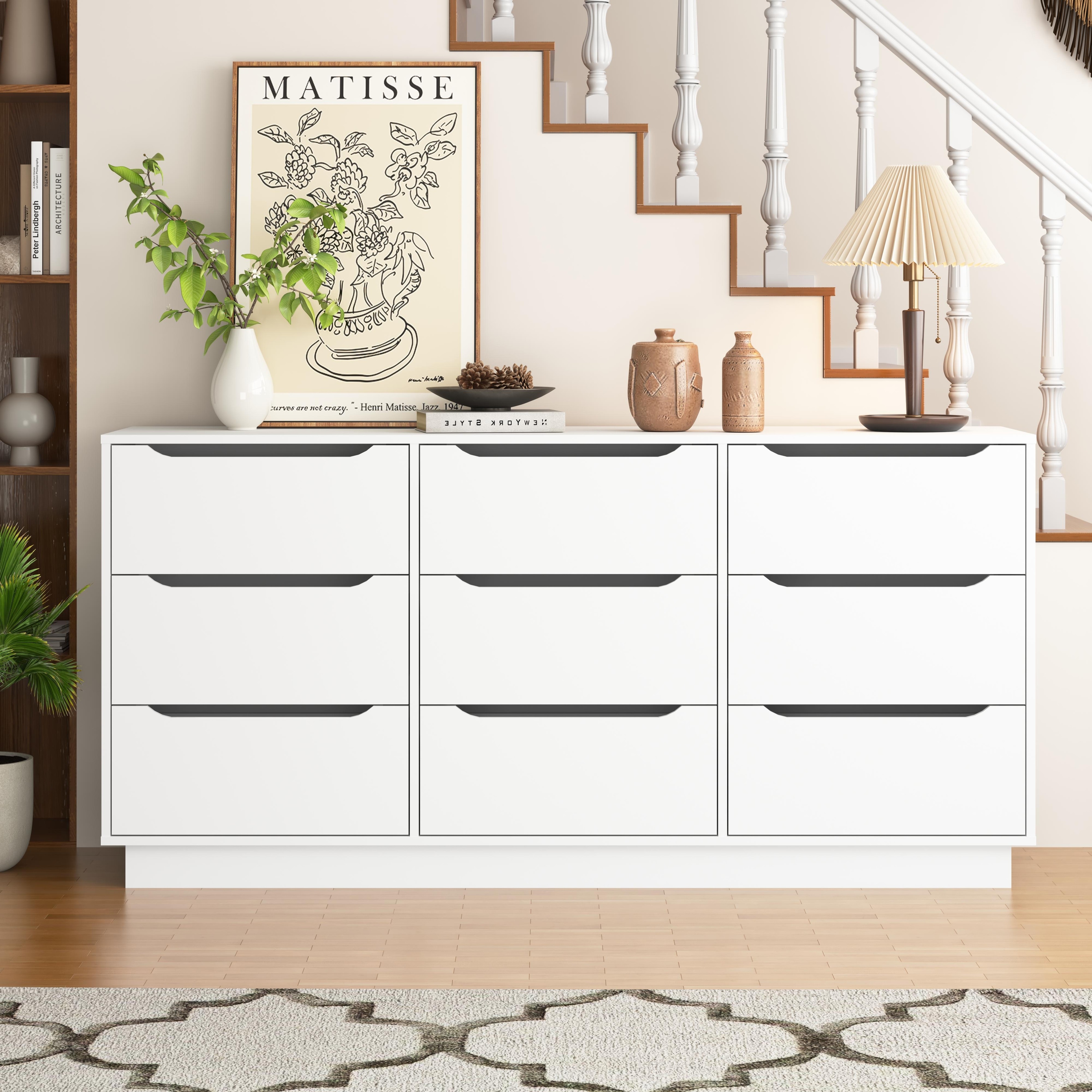 9 Drawer Dresser for Bedroom with Deep Drawers, Large Floor Wood Dressers & Chest of Drawers, Modern White Long Dressers