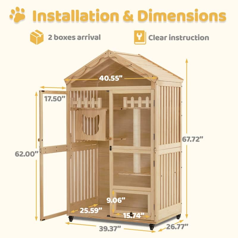 MCombo Wooden Cat House for Indoor Cats, Cat Villa with Cat Entrance, Cat Catio with Lockable Doors & Wheels CT291