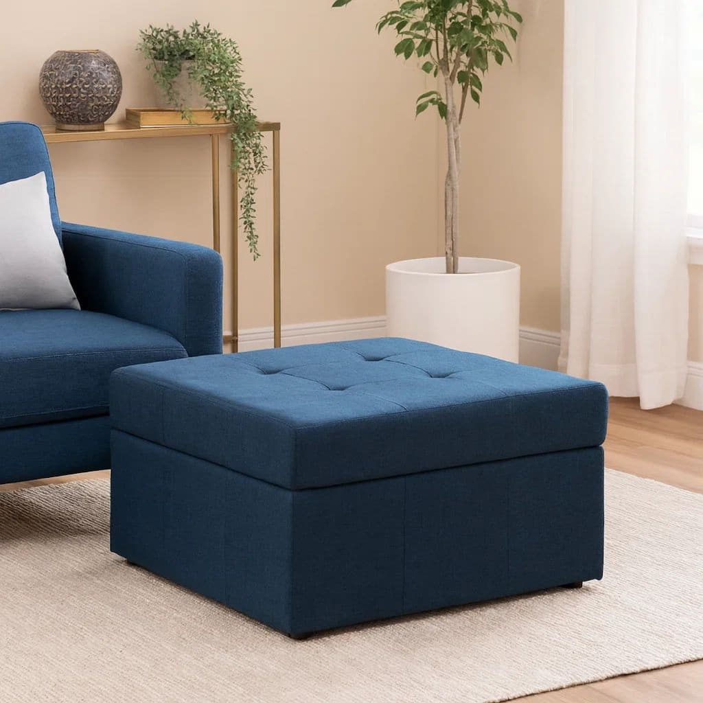 Low Accent Ottoman with Storage, 31 Inch Square, Tufted Navy Blue