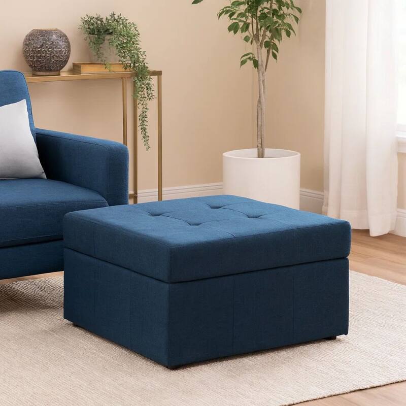 Low Accent Ottoman with Storage, 31 Inch Square, Tufted Navy Blue