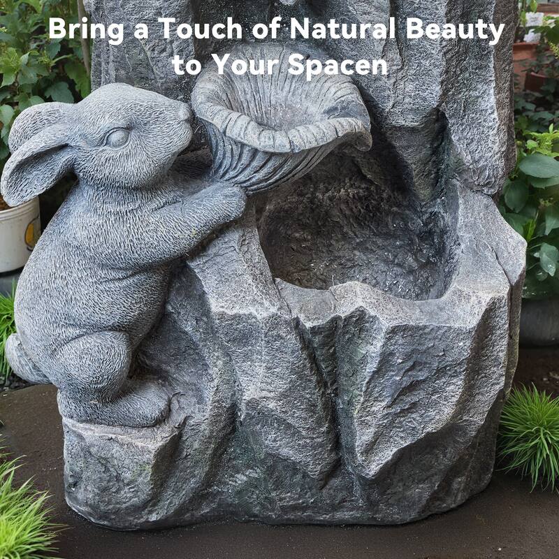 Vbal 5-Tier Polyresin Outdoor Rock Fountain in Imitative Rabbit Statue Shape with LED Lights and Soothing Waterfall