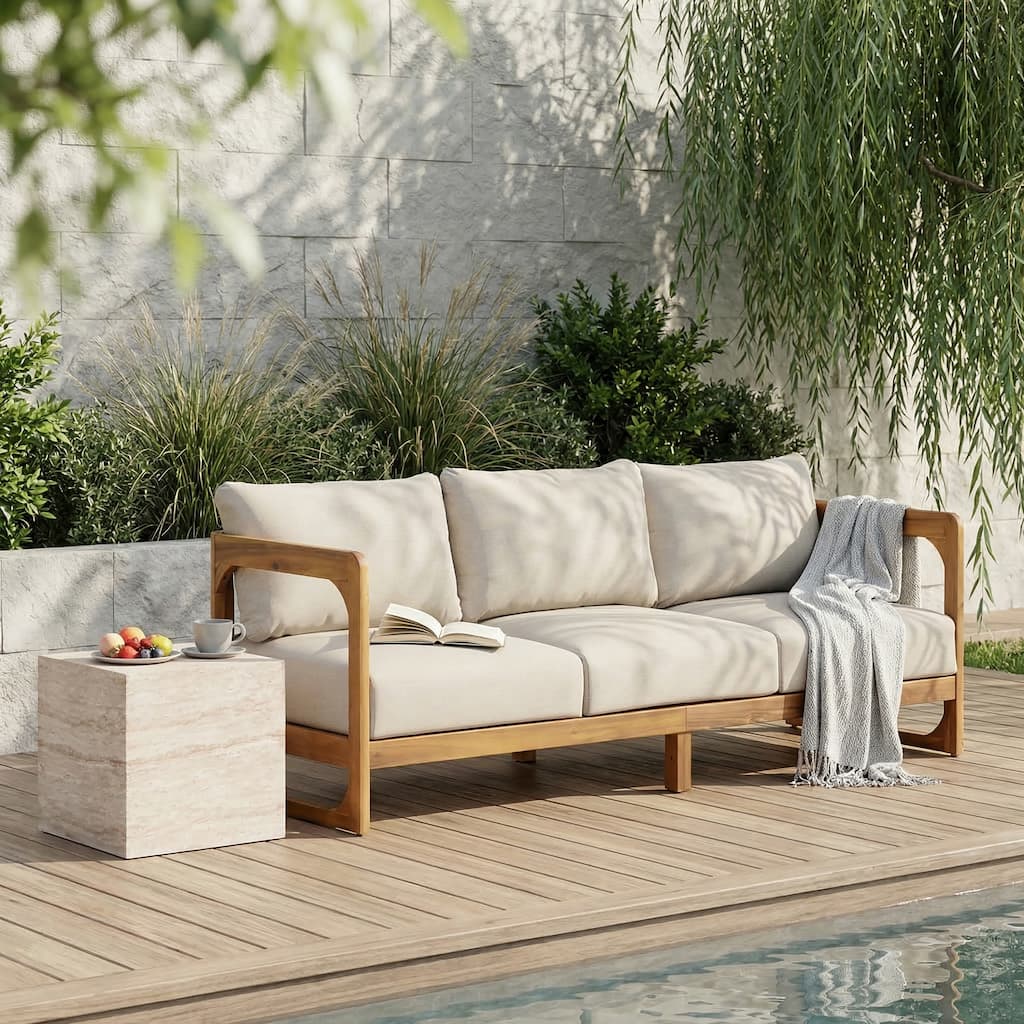 Christopher Knight Home - Modern Acacia Wood Outdoor 3-Seater Sofa with Water-Resistant Cushions and Weather-Resistant Frame