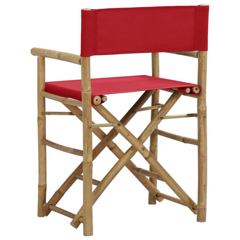 Outdoor Foldable Accent Chair Set of 2, Red Fabric, Brown Bamboo