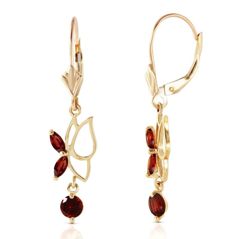 14K Solid Gold Butterfly Gemstone Earrings with Natural Garnets - Yellow