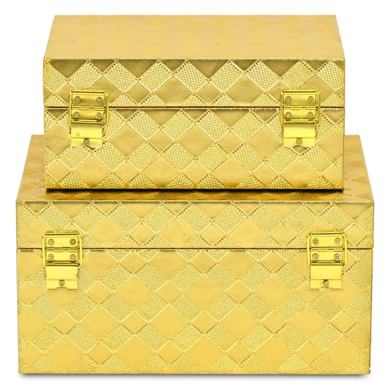 Zuleika Set of 2 Rectangular Decorative Storage Boxes - Gold Checkered Diamond Pattern - N/A