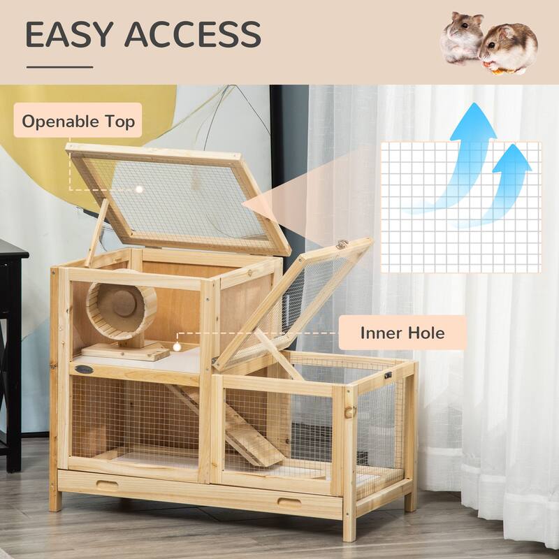 Natural Fir Wood Hamster Cage with Plexiglass Window and Multi-Level Play - 30.75"L x 16.25"W x 23.5"H