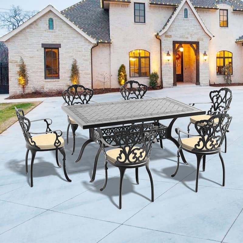 5/7-Piece Cast Aluminum Outdoor Dining Set with 59.06'' L X 35.43'' W Rectangular Table and Random Color Seat Cushions - Black( 7-Piece Sets-C)