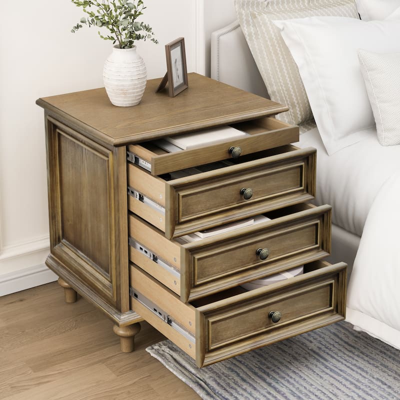 Traditional 3-Drawer Nightstands with Pull-Out Shelf and Solid Wood Legs