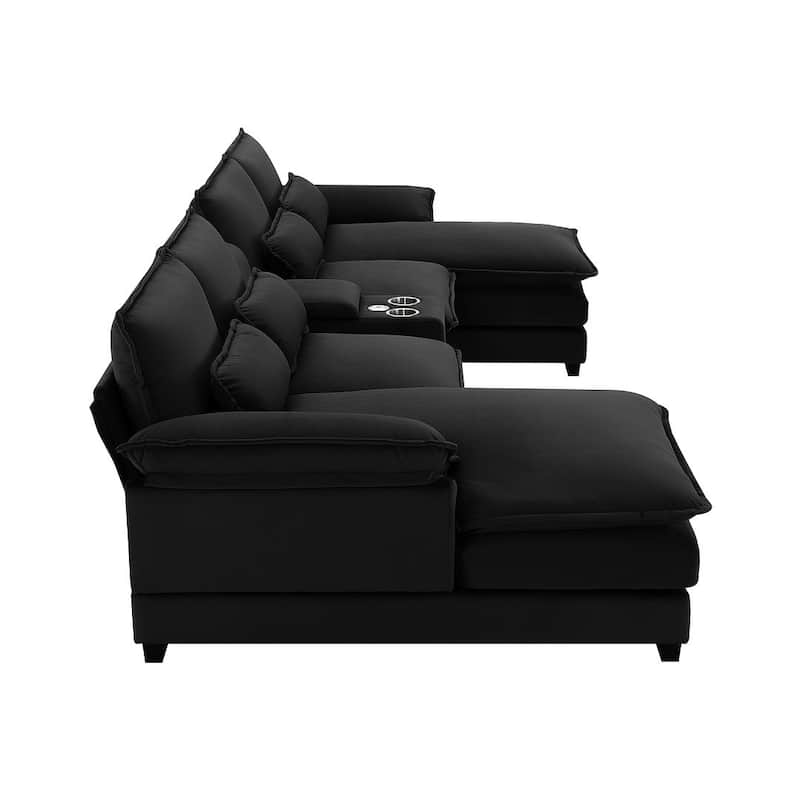 123"W modern u-shaped living room upholstered sofa with console, cup holders and USB ports