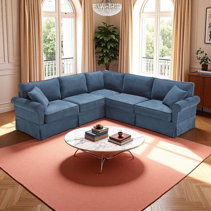 94" Linen L-Shaped 5-Seater Sectional Sofa with Reversible Design and Rolled Arms - Dark Blue