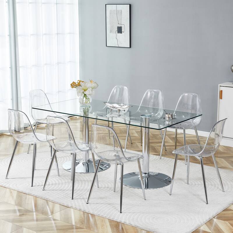 71" Dining Table Set for 6-8, Rectangular Kitchen Table with Transparent Plastic Chairs, Modern Glass Dining Room Table Set