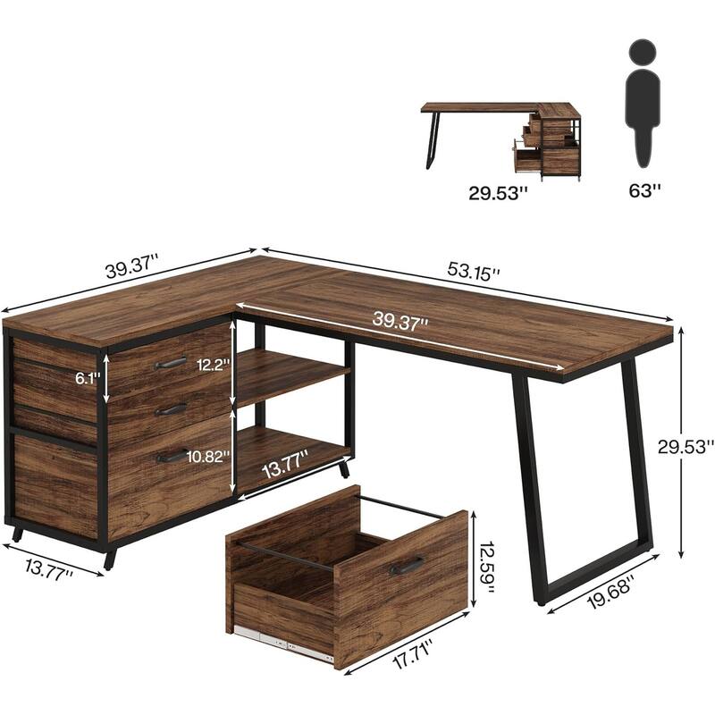 Reversible Corner L-Shaped Office Desk with 3 Drawers and 2-Tier Storage Shelves for Home Use