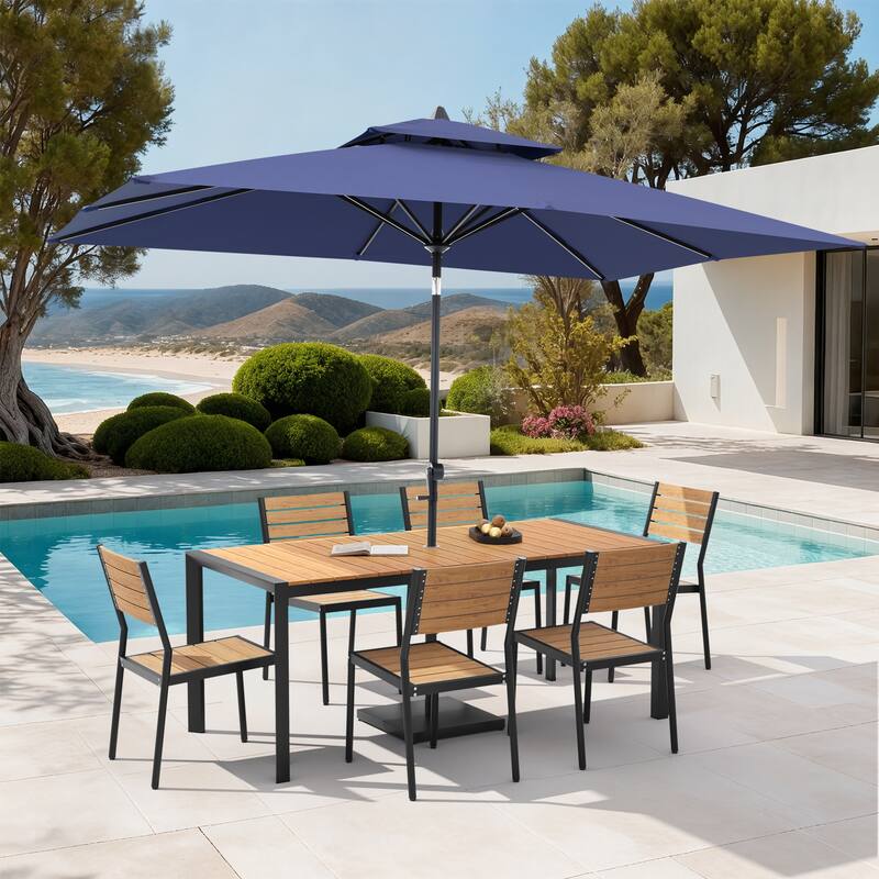 9-Piece Outdoor Patio Dining Set Wood Like Aluminum Umbrella Hole Table with Stackable Chairs, Market Umbrella and Base - BrownTable&BrownChairs&NavyBlueUmbrella