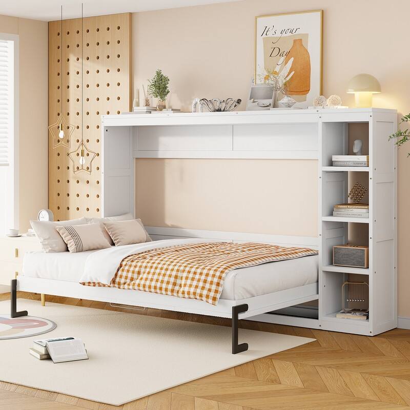 Full Size Murphy Bed with Bookshelf, Foldable Bed Frame with Storage Shelves, Wooden Cabinet Bed with Handle