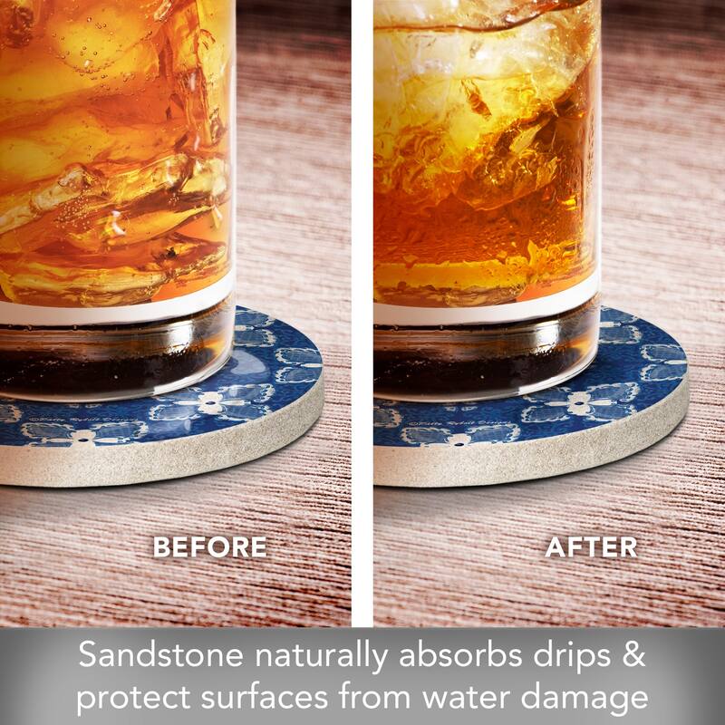 Blue Flower Tile 4 Pack Round Natural Sandstone Coasters with Protective Cork Backing Manufactured in The USA