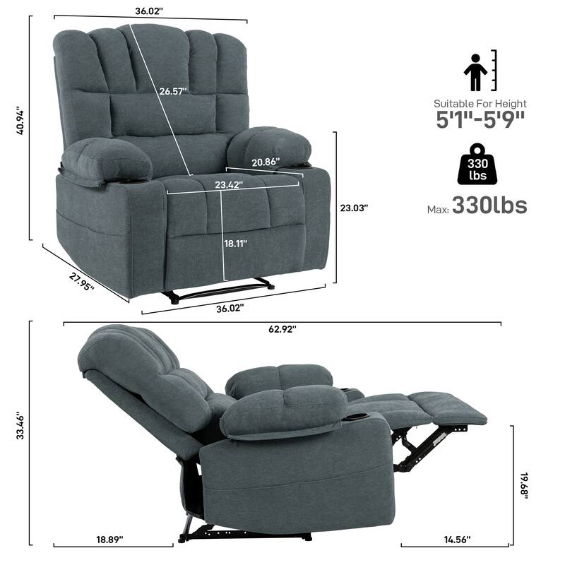 Soft Plush Chenille Fabric Manual Recliner with Massage and Heat