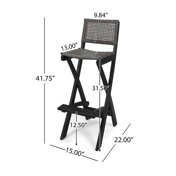 dimension image slide 4 of 5, Polaris Outdoor 26" Square 3 Piece Wood and Wicker Bar Height Set by Christopher Knight Home
