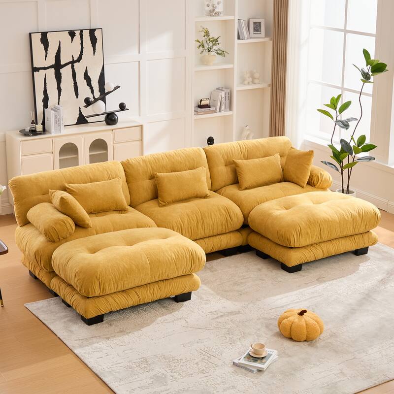 118'' Large U Shape Sofa Velvet Modular Sofa with 2 Ottomans for Living Room - Yellow