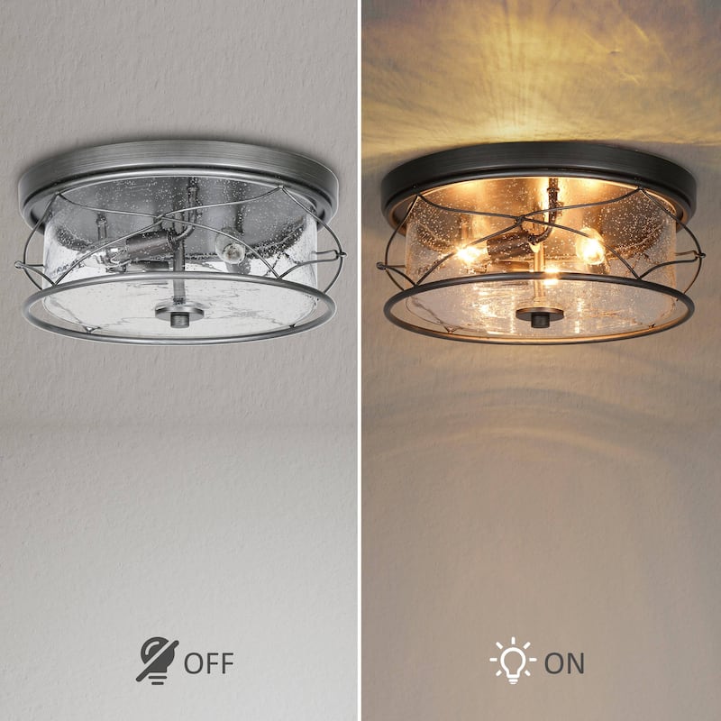 Modern 3-Light Black Silver Drum Flush Mount Light Seeded Glass Ceiling Lights for Foyer - D 13.5" x H 6"