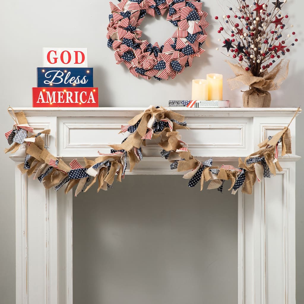 Glitzhome 6 Feet Americana Patriotic July 4th Fabric Garland Wreath - 72"L