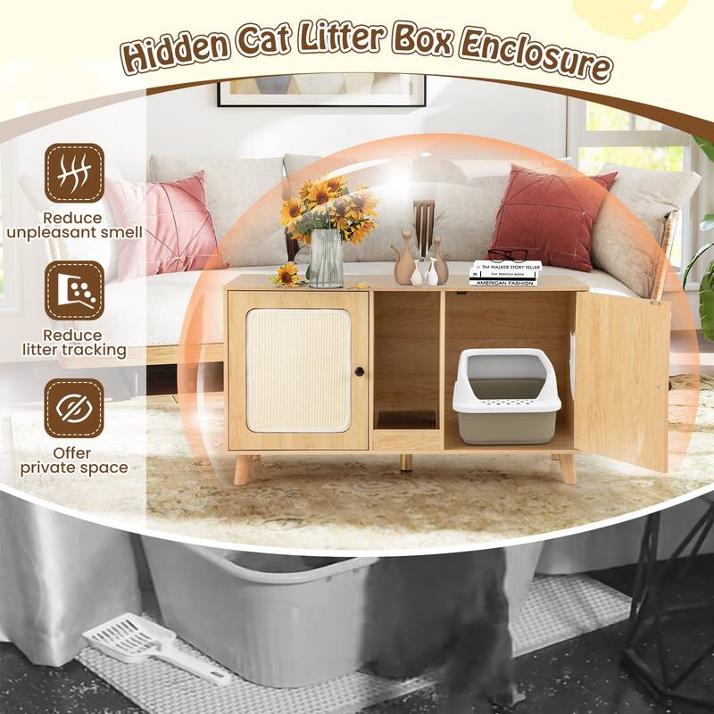 Gymax 43'' Cat Litter Box Enclosure for 2 Cats w/ Double Rooms 2 Sisal