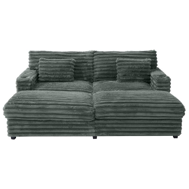 Oversized Double Chaise Lounge Sofa, Living Room 2 Seater Sofa Upholstered Sleeper Sofa Bed Daybed with USB Ports & Cup Holders