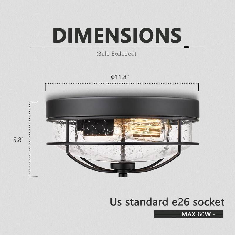 Flush Mount Ceiling Light Industrial Farmhouse Fixture with Seeded Glass Shade