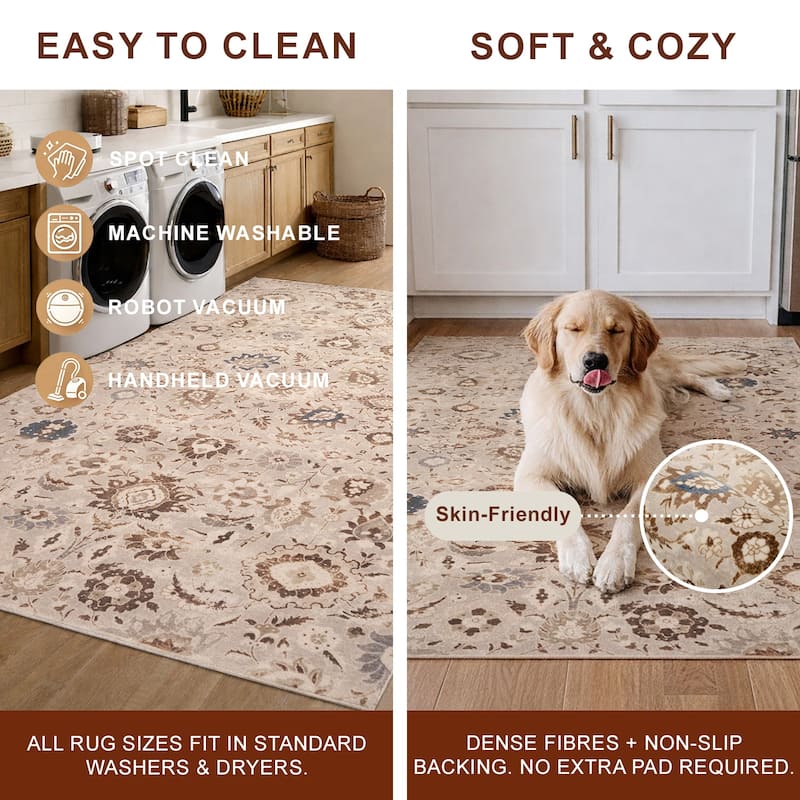 ECARPETGALLERY Lunelle Traditional Machine Washable Grey & Brown Area Rug