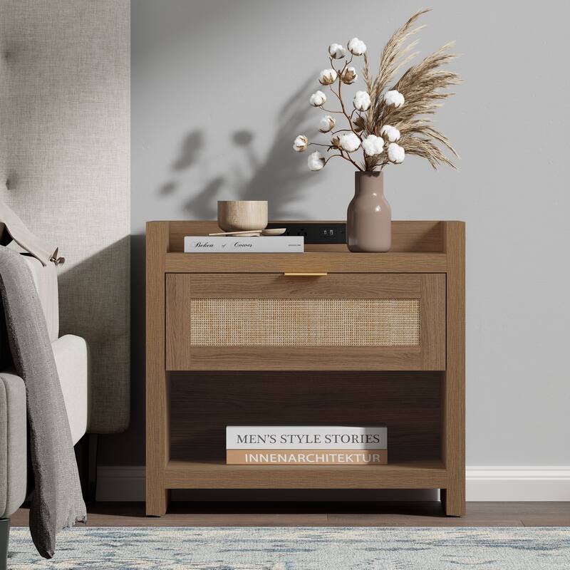 Farmhouse Nightstand with Charging Station and Drawers - Oak - 1-drawer