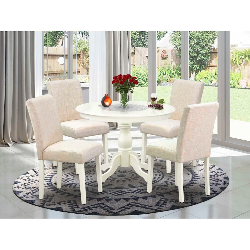 HomeStock 5-Pc Linen White Finish Solid Wood Top Dining table with 4 Chairs