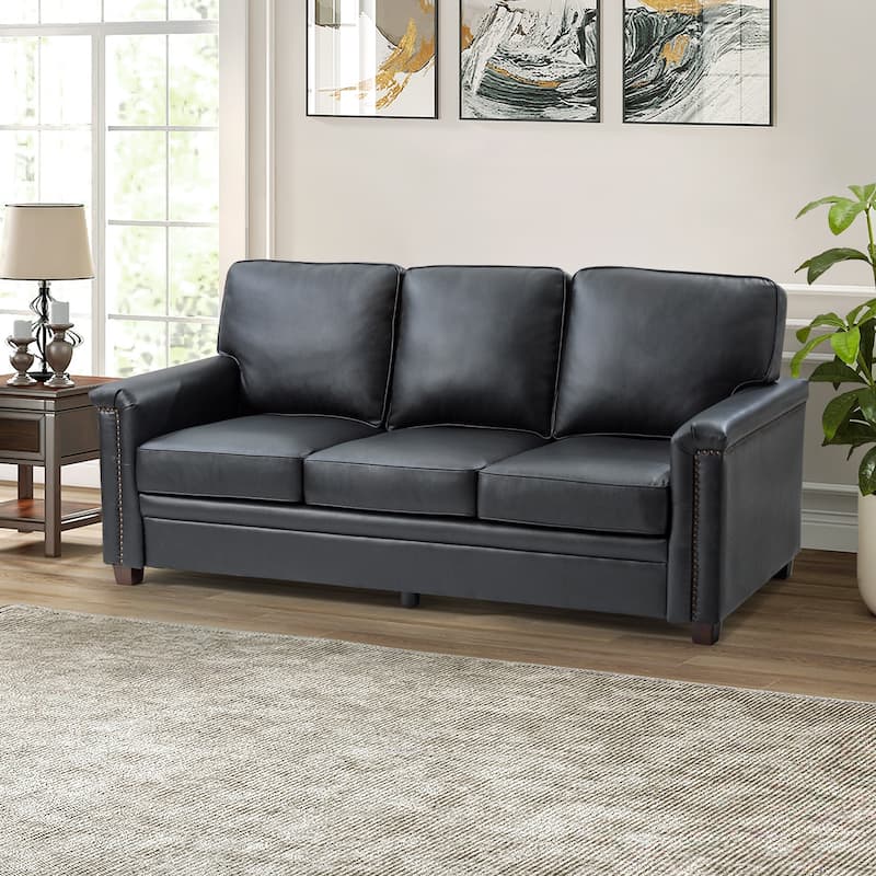 Rita Transitional Living Room 3-Seat Genuine Leather Nailhead Sofa with Solid Wood Legs and Removable Cushions - BLACK