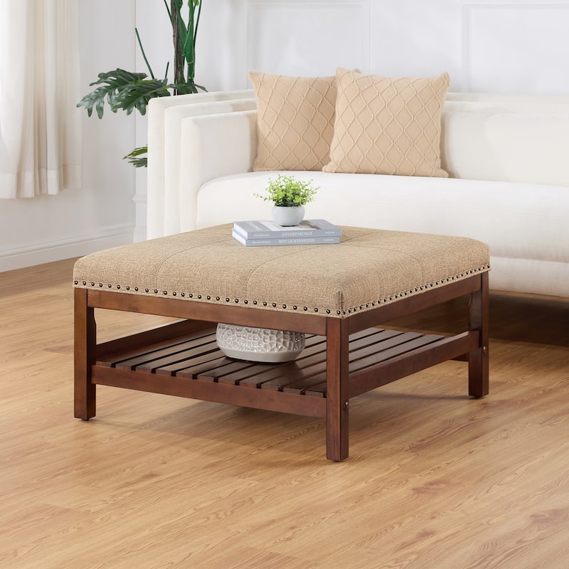 Coffee Table Cocktail Ottoman with Storage Shelf - Stylish Living Room Center Table with Upholstered Top and Storage Shelf