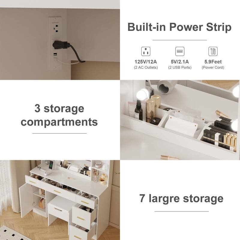 55.7" Dressing Table with LED Lights, Storage Shelves & Stool, Drawers