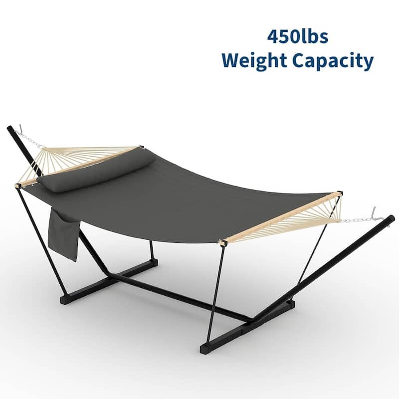 Heavy Duty Portable Double Hammock with Stand for Outdoor Patio, Garden, Beach, Backyard - Dark Grey