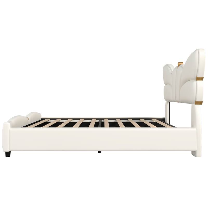Bedroom Platform Bed Frame with Butterfly-Shaped Headboard, PU Leather Upholstered Bed with Gold Accents