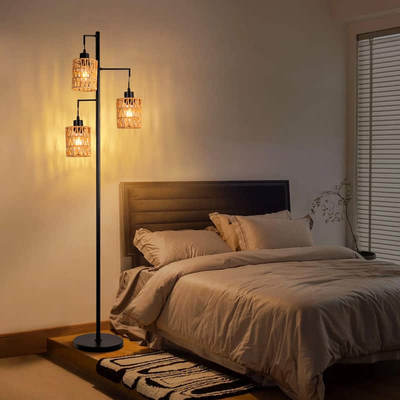 Farmhouse Tree Floor Lamp with 3 Rattan Lampshade