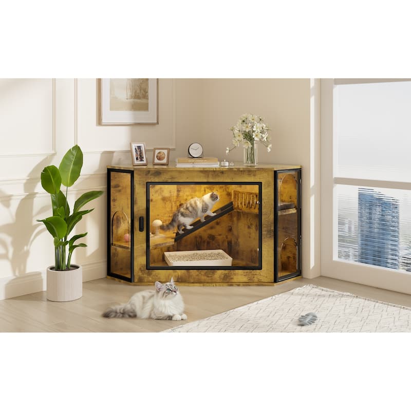 48" Corner Cat Litter Box Enclosure, Modern Hidden Litter Box Corner Cabinet with Acrylic Door and LED Light