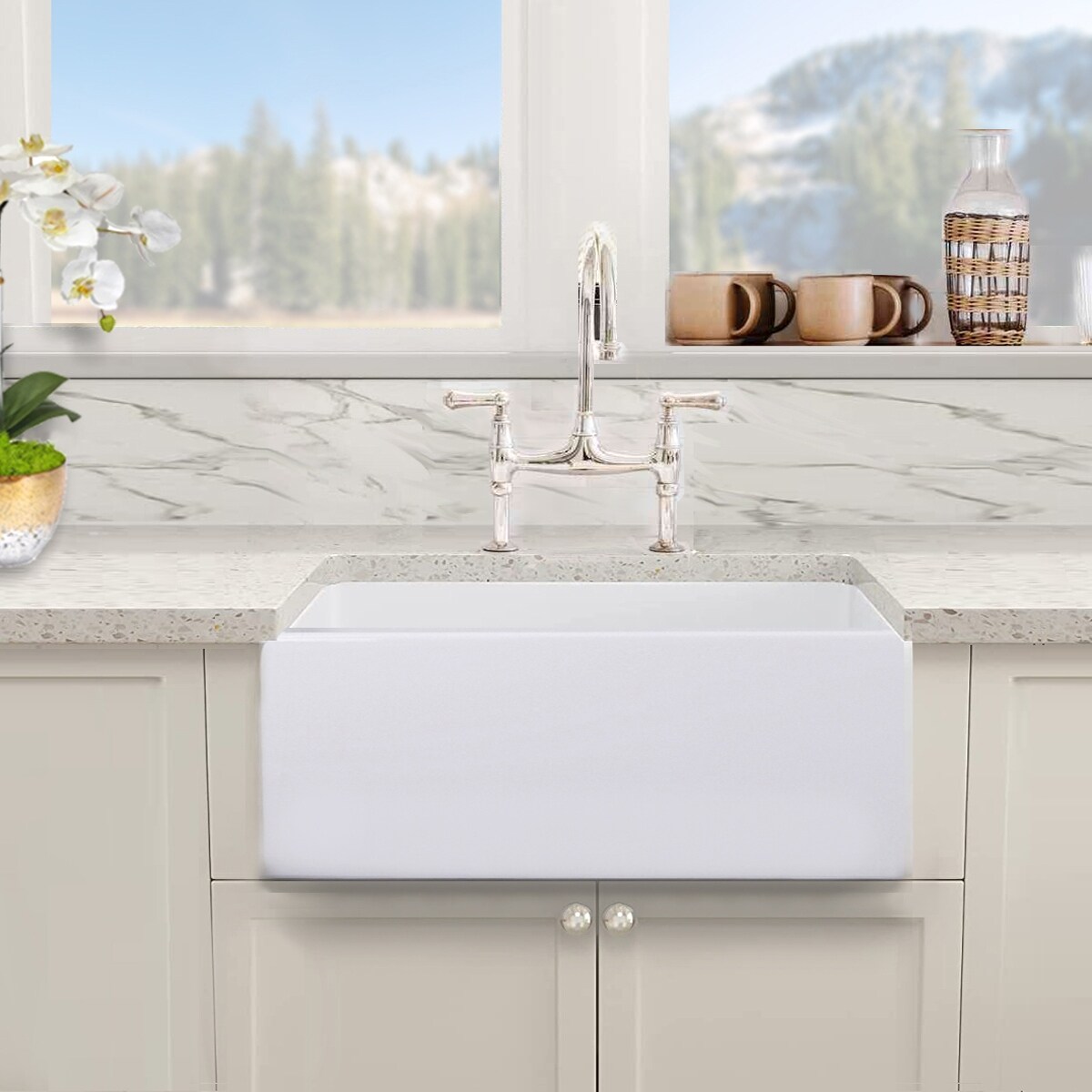 White 27 Inch Fireclay Farmhouse Kitchen Sink Set - 27